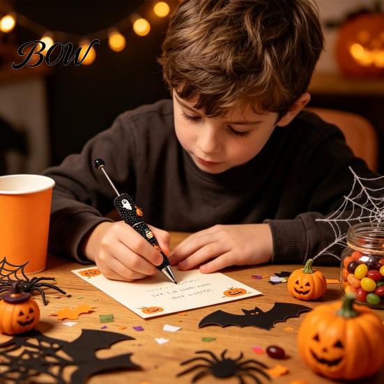 Halloween Beadable Pen Rhinestone Pen, Glitter Plastic Beaded Pumpkin Ghost Skull Writing Gel Ink for DIY Craft Making, School Office Supplies Set