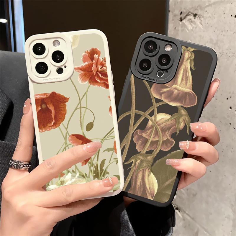 Retro Flowers Phone Case For iPhone 14 13 12 11 Pro Max for iPhone 7 8 Plus SE 2020 XR XS X Case Soft Floral Shell Back Covers