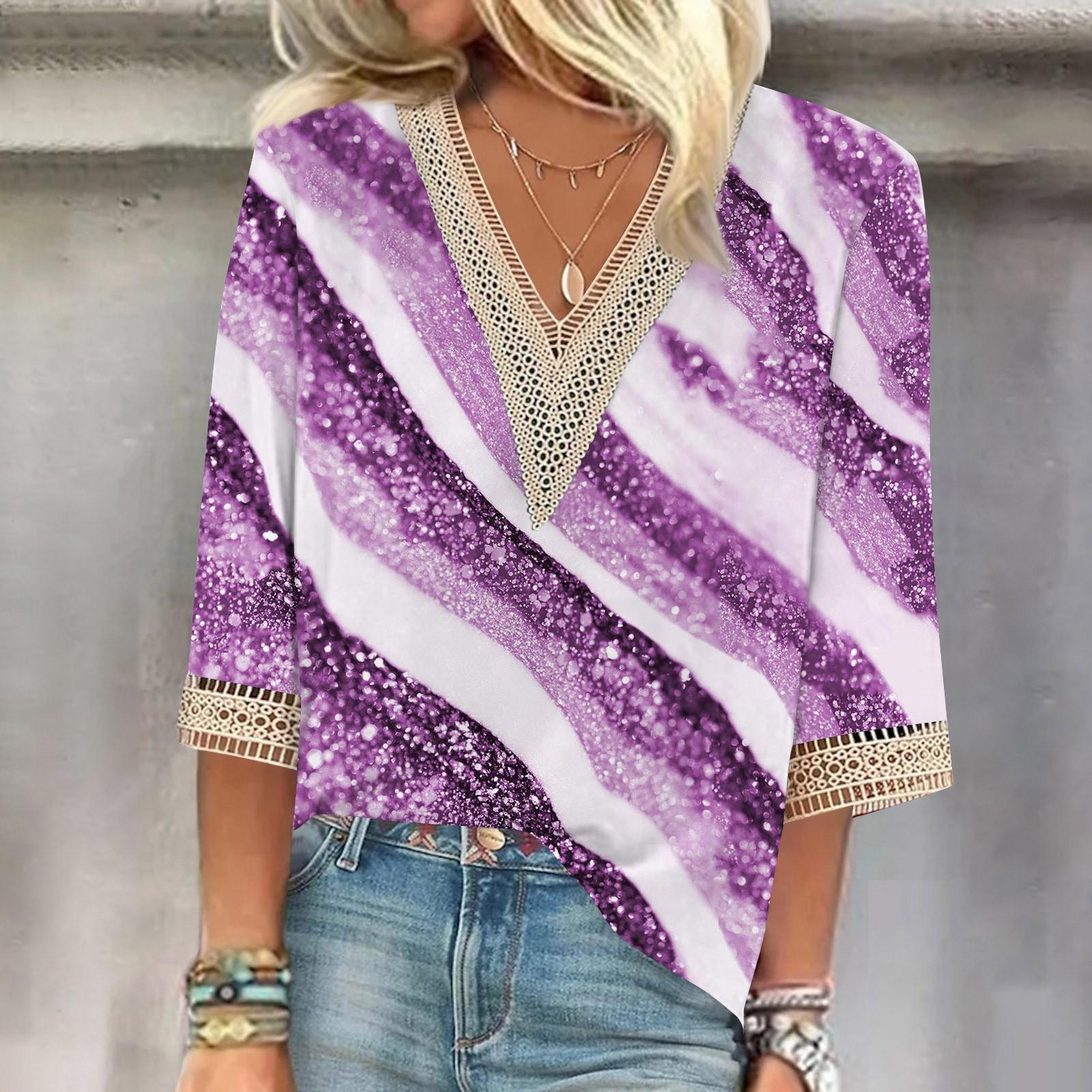 

Женская рубашка, блузка, повседневные свободные рубашки, рукава 3/4, кружевные топы с v-образным вырезом и принтом, топы с принтом, футболки, футболки