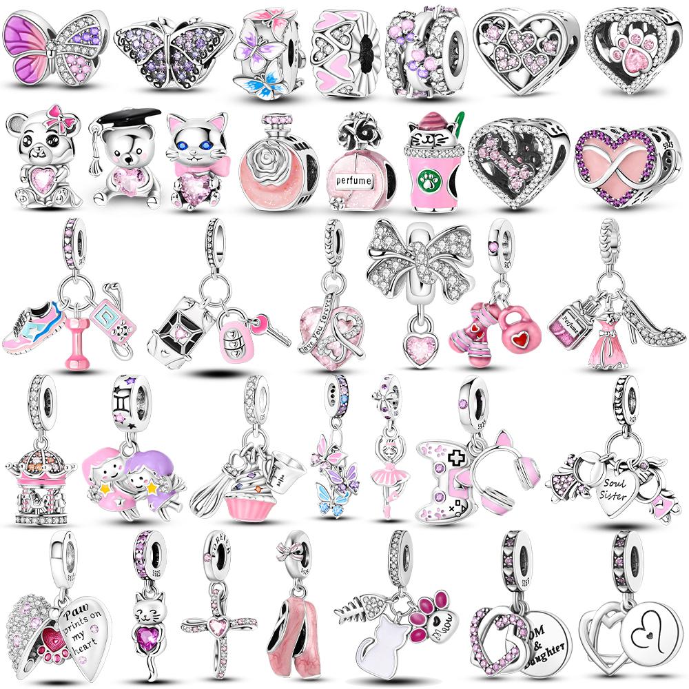 Cute Lovely Butterfly Perfume Girl Dangle Original Pink Charms Charms Beads Fit Bracelet Pendant Making For Woman Jewelry Gift