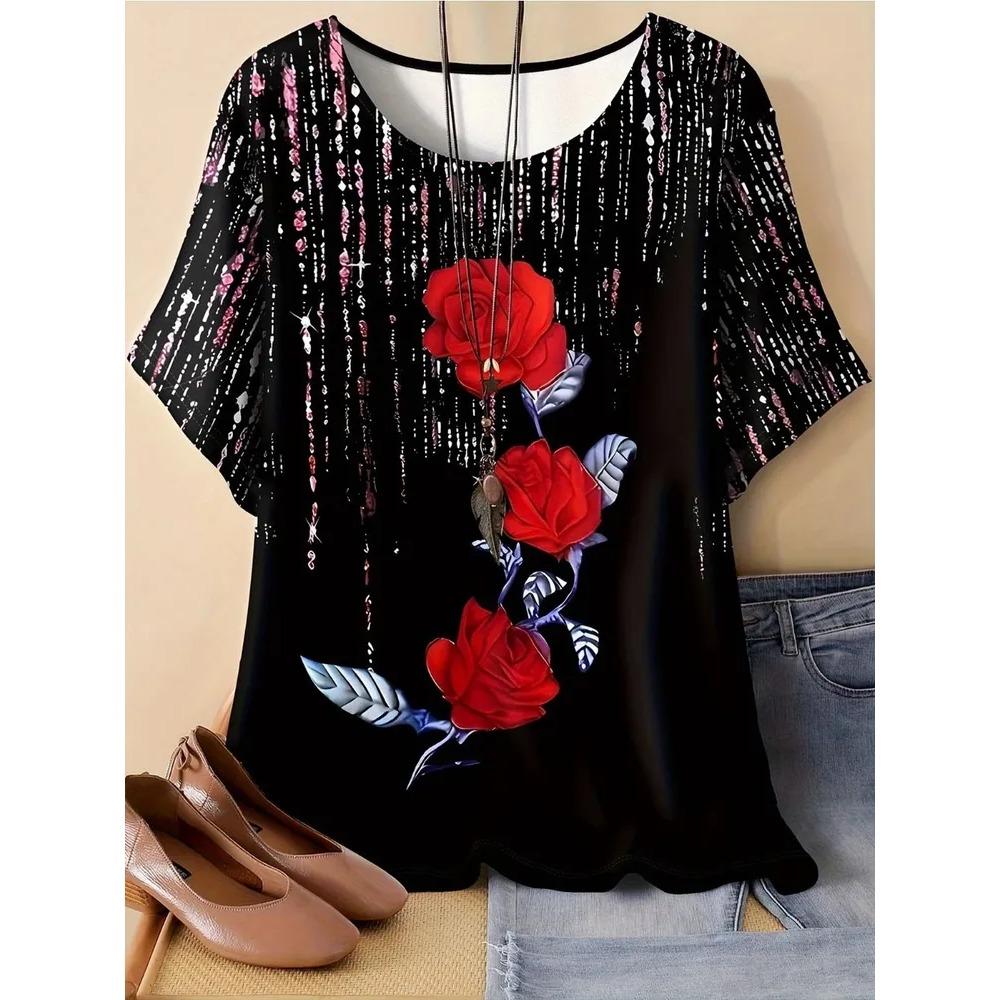 Retro Flower 3D Printed Short Sleeved T-shirt Fashionable Comfortable Soft Breathable Large Loose Womens T-shirt