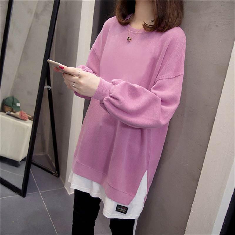 

Бавовняний светр великого розміру у стилі двійки для жінок - Осінньо-зимова футболка середньої довжини з розрізами XL рожевий