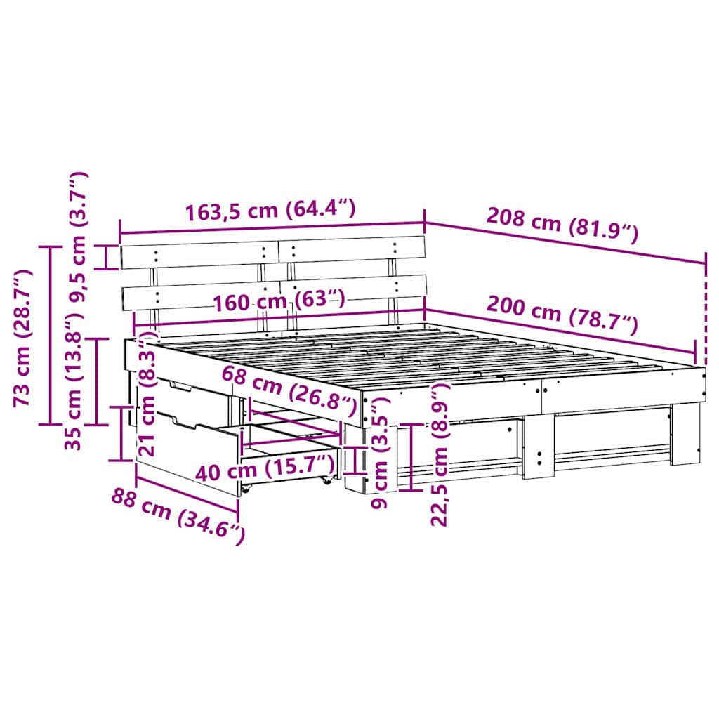 Bed Frame Waxed Brown 160 X 200 Cm Solid Pine Wood