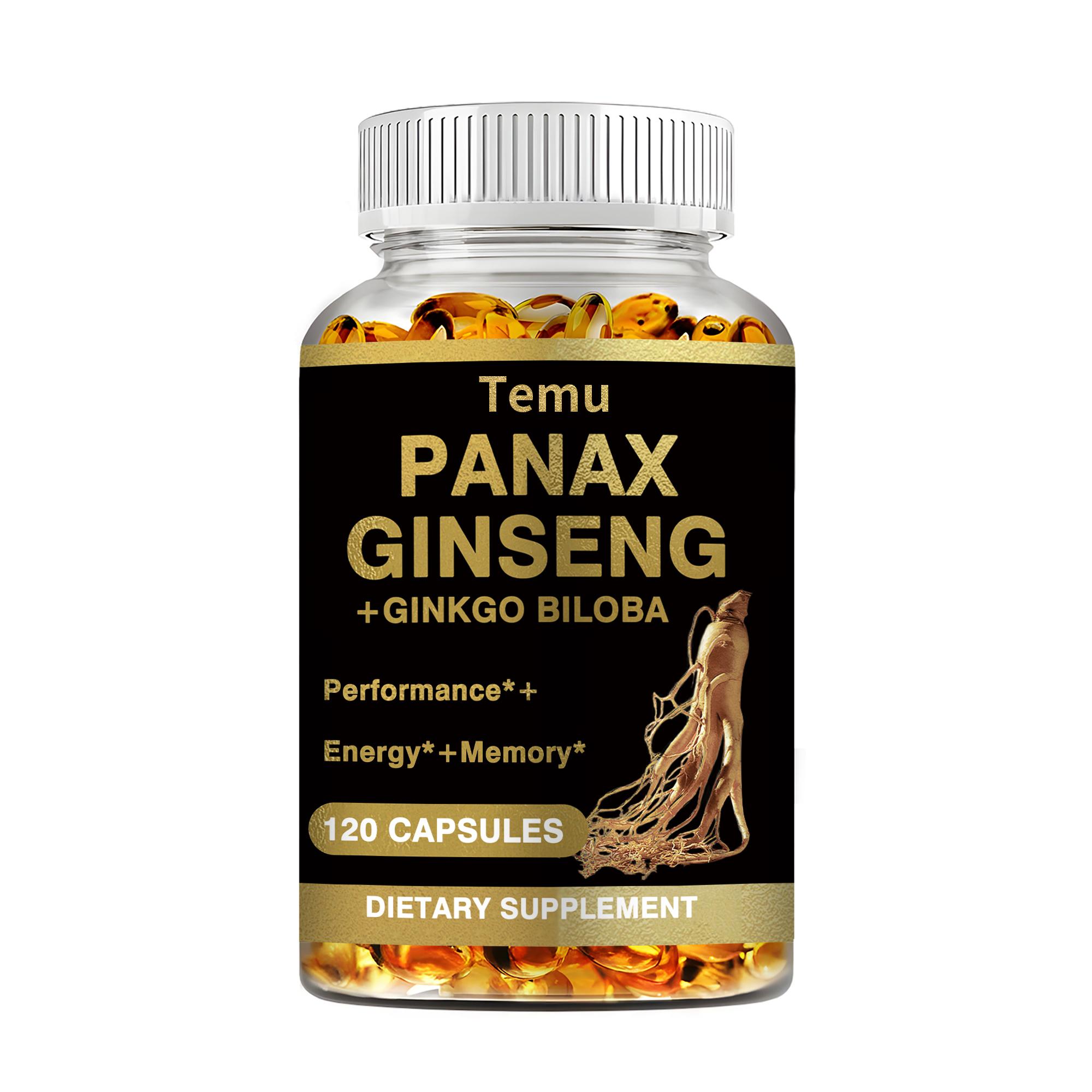 

Vegetarian Ginseng Root Extract Capsules, Ginkgo Biloba 60mg, for boosting energy and concentration, suitable for both men and women. 120
