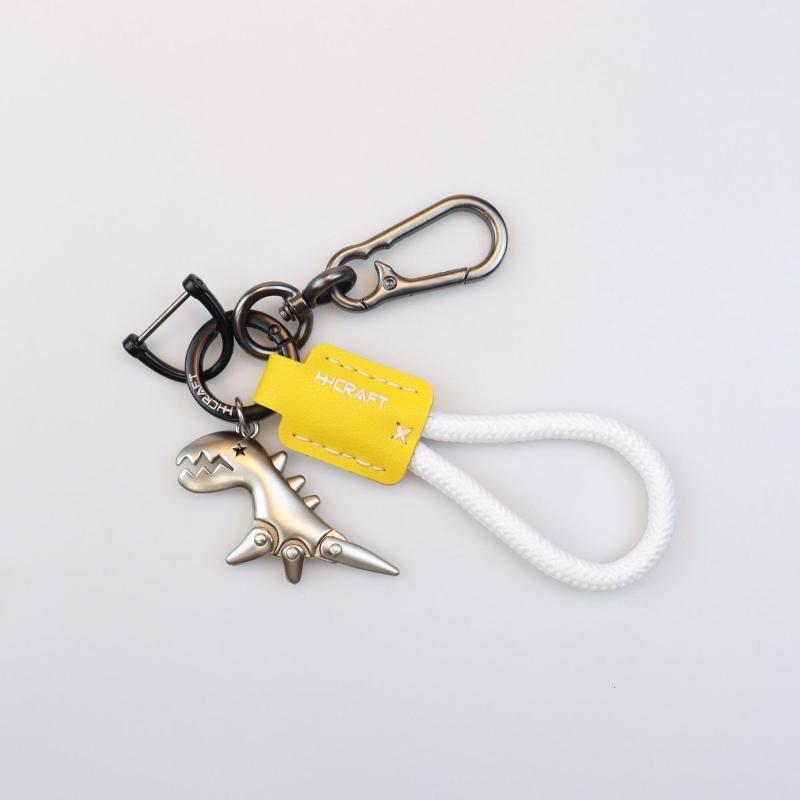 Car Keychain with Little Dino Accent, Single Braided Leather Rope, Metal Key Holder, Motorcycle & Bag Add-Ons
