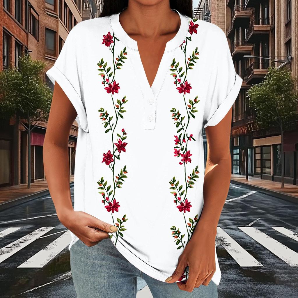 Women Casual Loose Fit Short Sleeve V Neck Button Floral Print Top Lightweight Summer Blouse