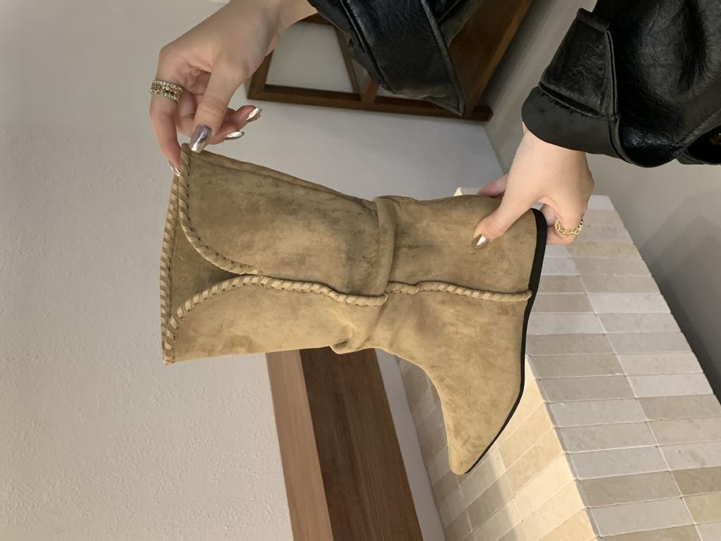 Middle Heel Pointed Head Thousand Gold Wind Fashion Boots European High Mercerized Cow Anti-velvet Stacking Boots Lazy Folded Short Boots