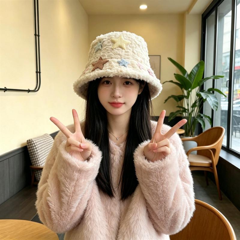 Women S Plush Star Bucket Hat Cute Warm Sun Protection For Autumn Winter