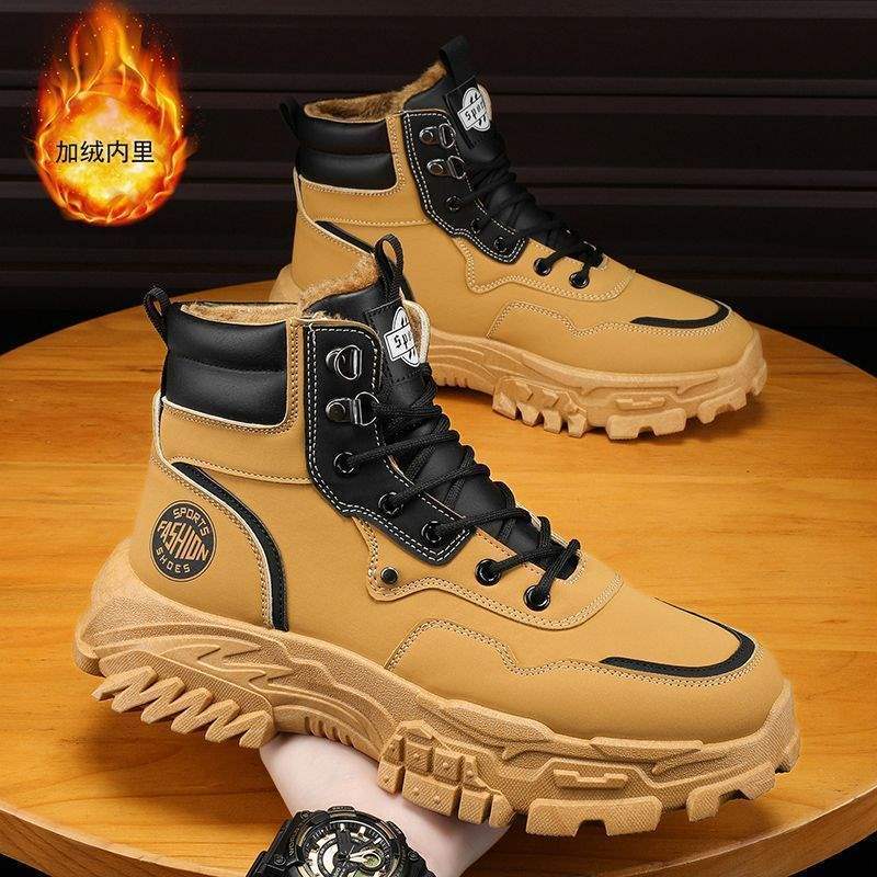 Winter men's shoes velvet warm Martin boots men's British style big yellow boots fashion versatile heightening thick-soled tooling boots