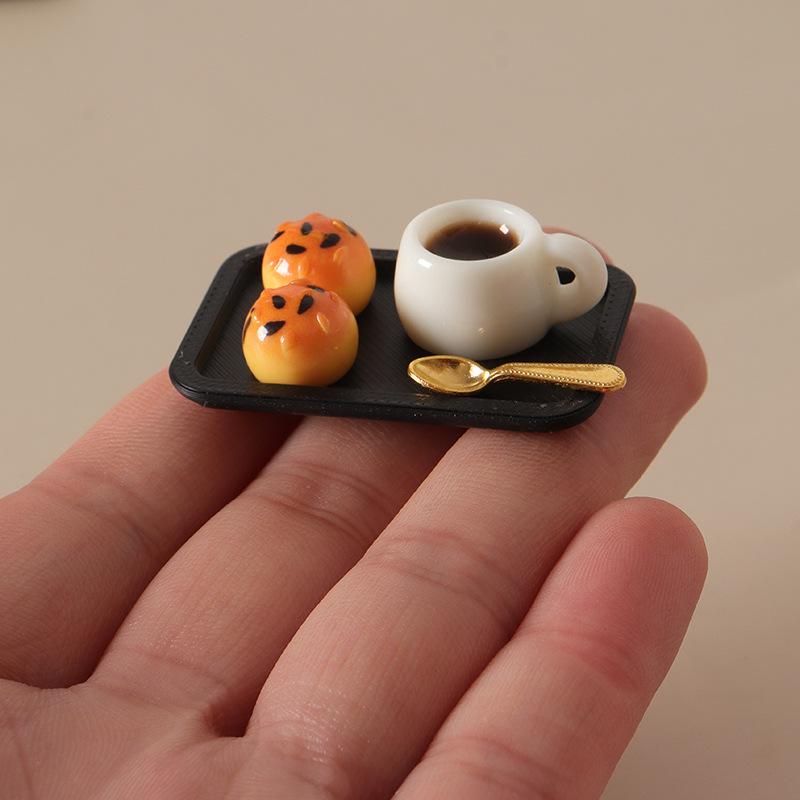 Miniature Dollhouse Food Ornaments: Bread, Coffee Cup & Tray Decor Accessories