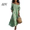 Lightweight Polyester Dress Summer Women Striped Long Dress, Off Shoulder Sleeve Casual with Side Pocket Ankle Length Loose Swing Beach
