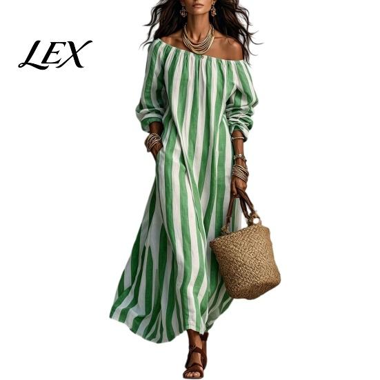 Lightweight Polyester Dress Summer Women Striped Long Dress, Off Shoulder Sleeve Casual with Side Pocket Ankle Length Loose Swing Beach