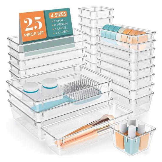 Sada organizérů do zásuvek Velká kapacita Stohovatelný design Víceúčelové Průhledné úložné boxy Organizér na kosmetiku