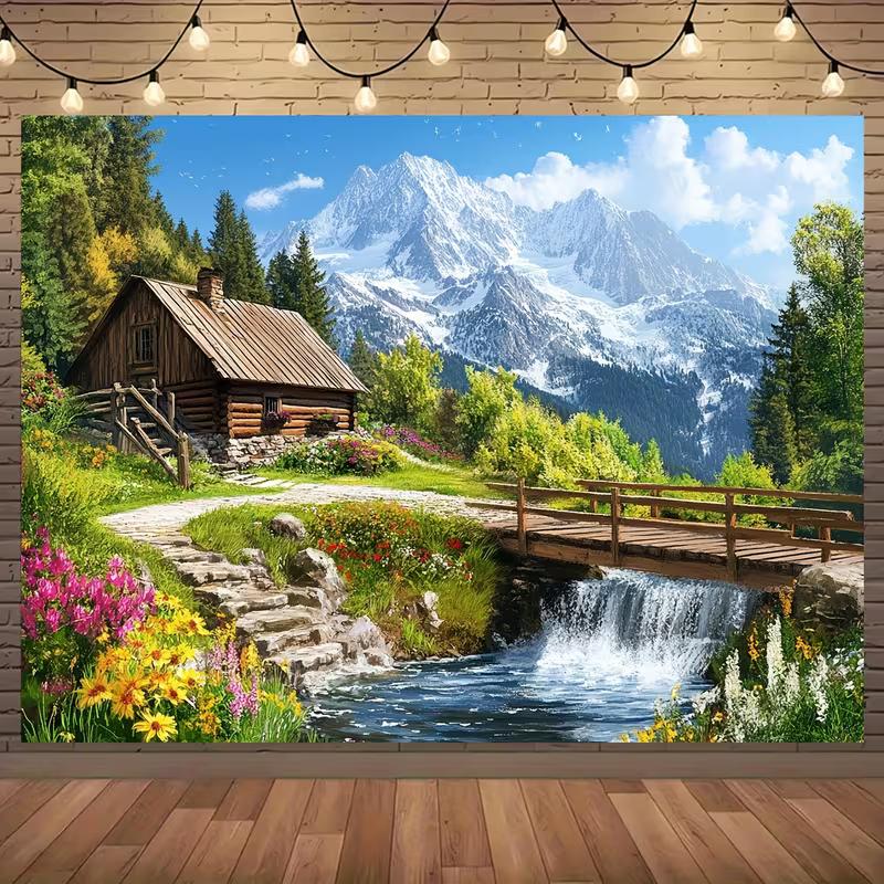 2D Scenic Mountain Backdrop, Alpine Cabin with Waterfall & Forest Photography Background