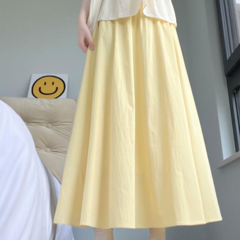 Damen Sommer Gelb Eisseide Halbrock Dünn Hochtailliert A-Linie Schlankmachender Schirmrock Plissierter Langer Rock