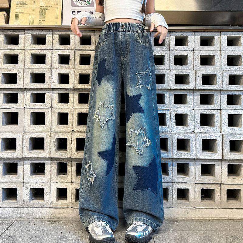 Jeans Larghi Casual con Design a Stelle per Ragazze Adolescenti Bambini Scolareschi per Primavera/Autunno Vita Elastica Pantaloni Dritti alla Moda per Bambini