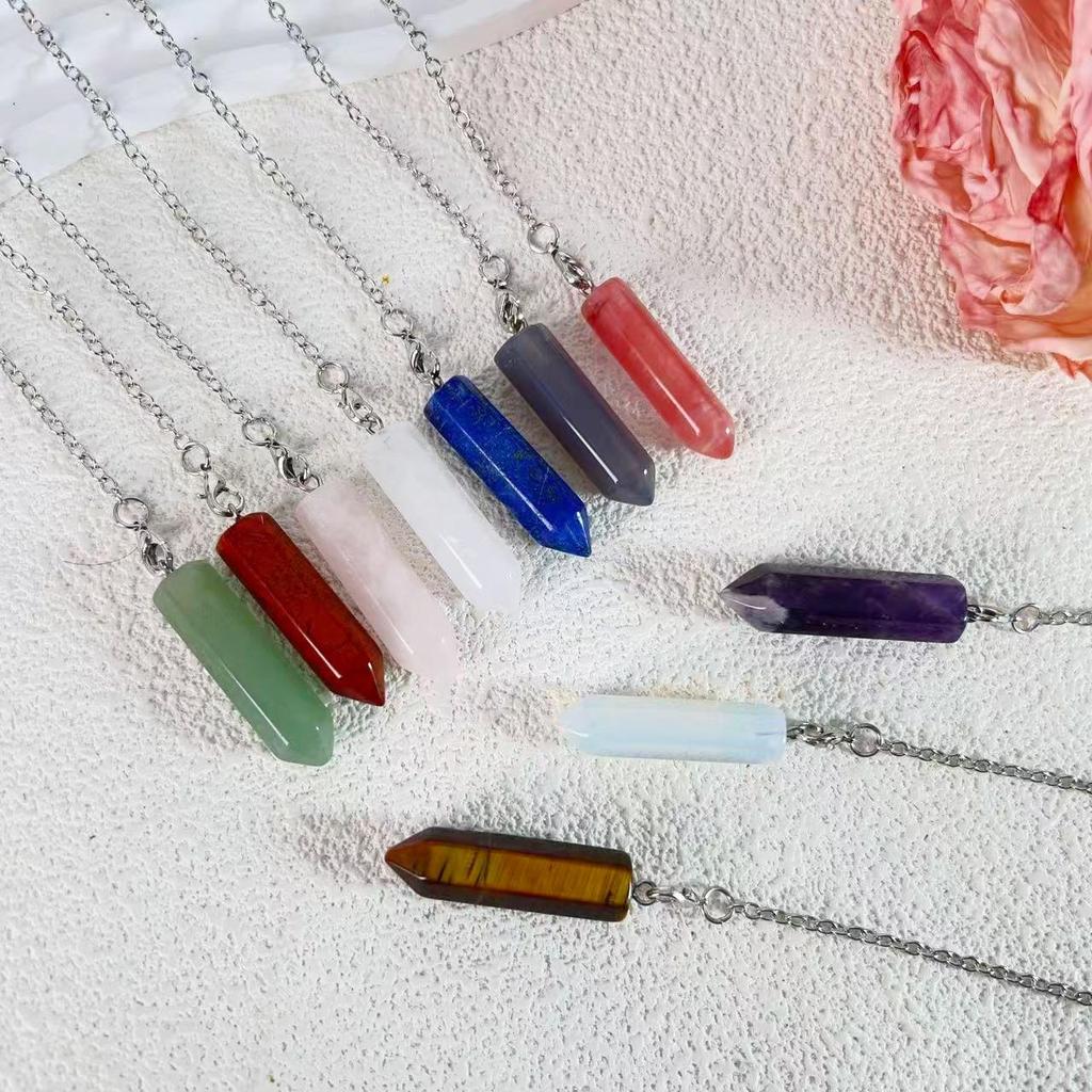 Natural Stone Hexagonal Pendant Necklace - Large Crystal Bullet Clavicle Chain for Women