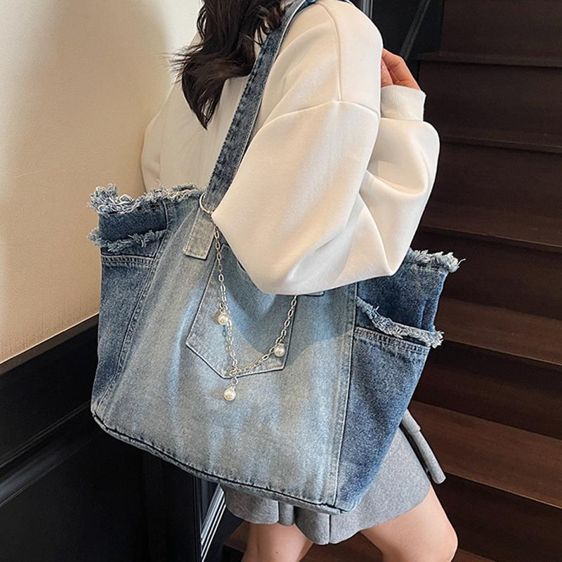 Mode Kleurverloop Ruwe Rand Denim Tote Tas Dames Veelzijdig Grote Capaciteit Ketting Handtassen Eenvoudig Werk Een Schouder Tassen CLE