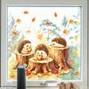Fall Holiday Window Ornaments Little Hedgehog Tree Stump Static Sticker, Watercolor Decorative Removable Glass Clings Decal, Reusable PVC Cling