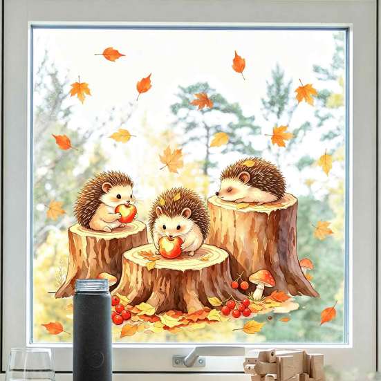 Fall Holiday Window Ornaments Little Hedgehog Tree Stump Static Sticker, Watercolor Decorative Removable Glass Clings Decal, Reusable PVC Cling