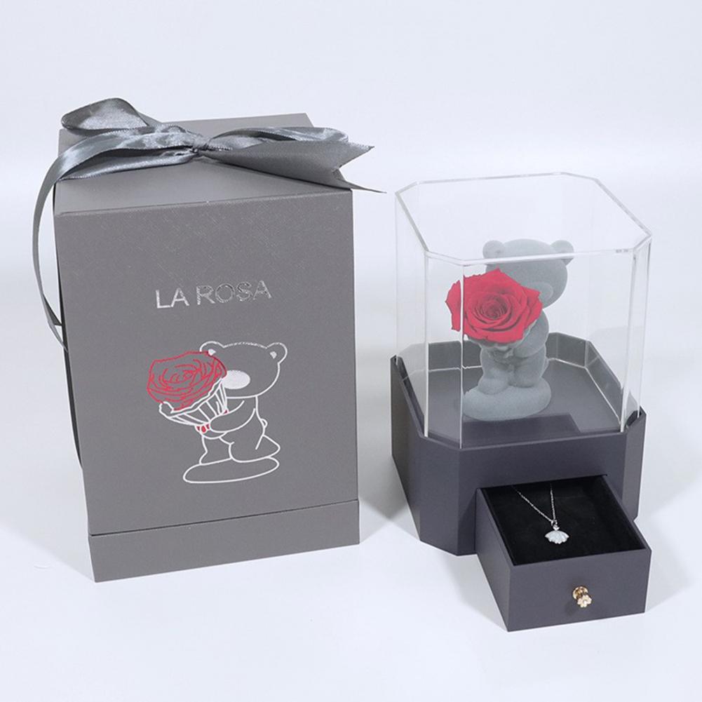Flocking Bear Figurines with Preserved Rose Eternal Rose with Gift Box Romantic Gift for Girlfriend Wife Valentine's Day Gift