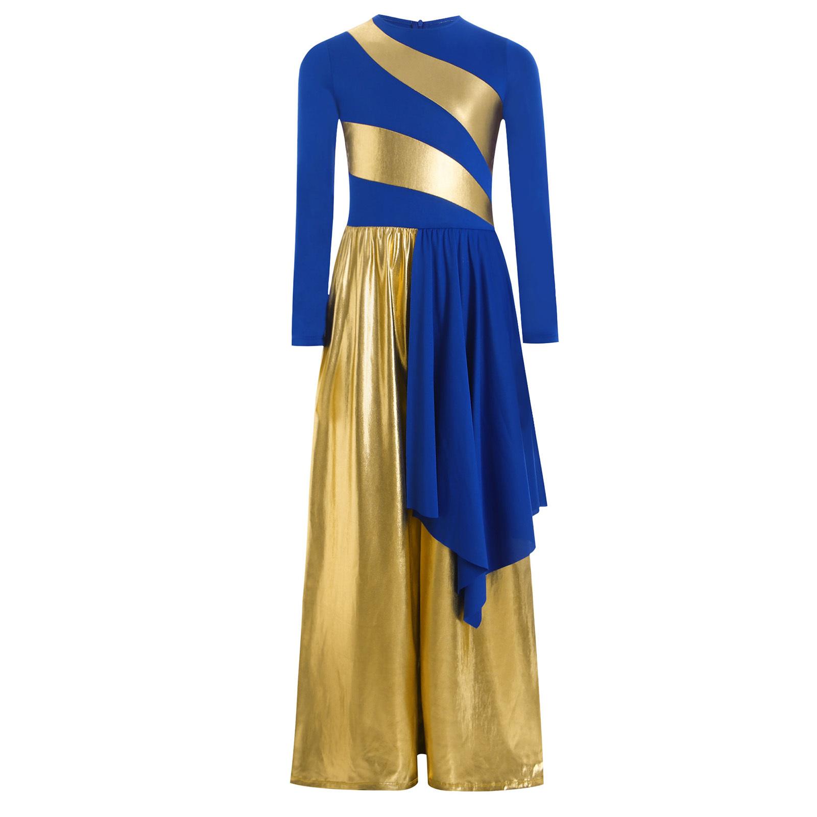 

Girls Praise Dance Bodysuit Metallic Color Block Design Patchwork Irregular Drape Wide Leg Jumpsuit 5-6 Years