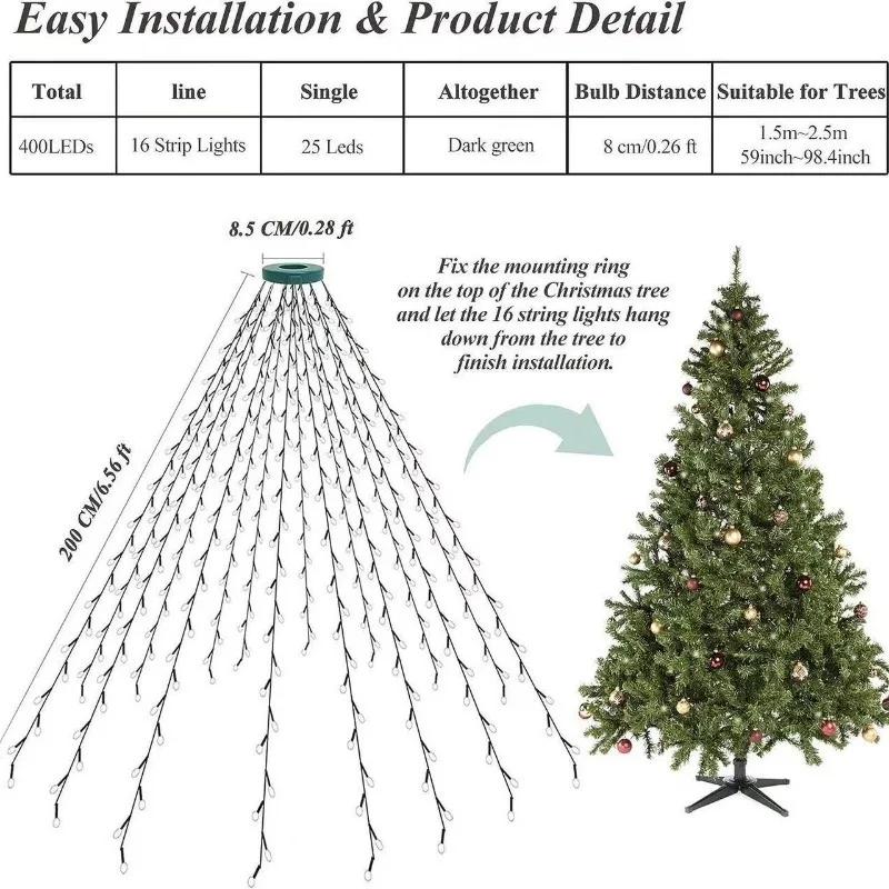 LED Christmas Tree Topper Lights Ring WaterfallString LightsOutdoor Waterproof Garden Yard Decoration HolidayTree Lighting Decor