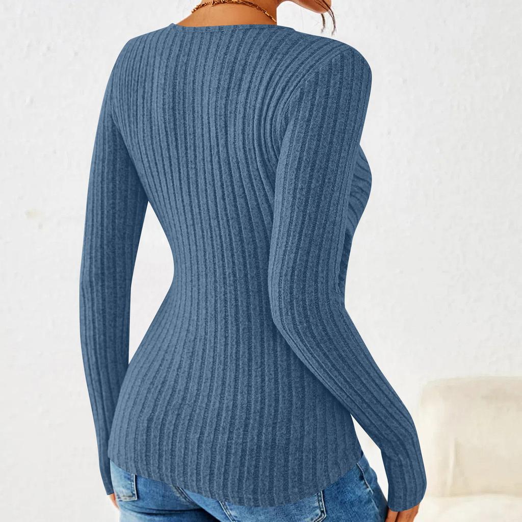 Women's Fashion Casual Long-Sleeve V-Neck -Color Pullover Knit Top