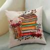 1Pc Vintage Book Stack Floral Print Cushion Cover Polyester 2D Double-Sided Printing Pillow Cover For Sofa Bedroom Living Room B