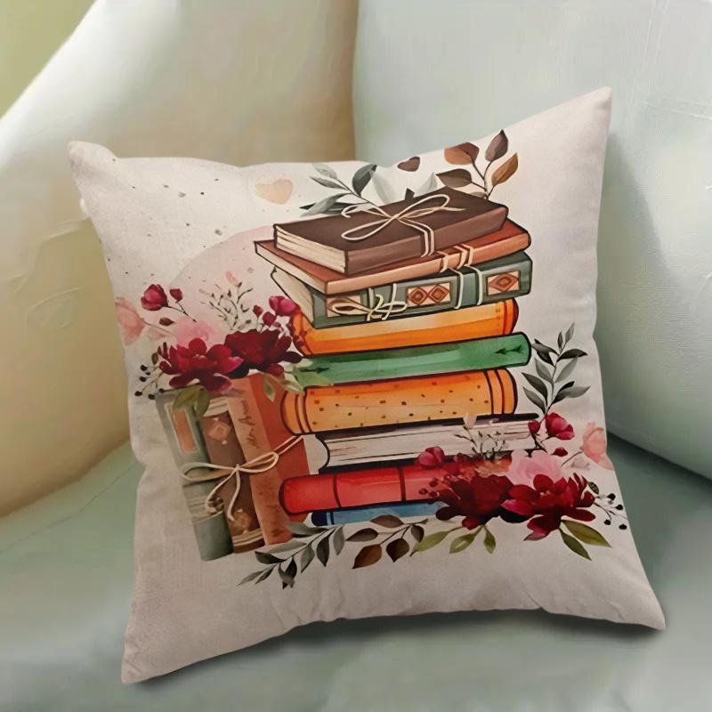 1Pc Vintage Book Stack Floral Print Cushion Cover Polyester 2D Double-Sided Printing Pillow Cover For Sofa Bedroom Living Room B