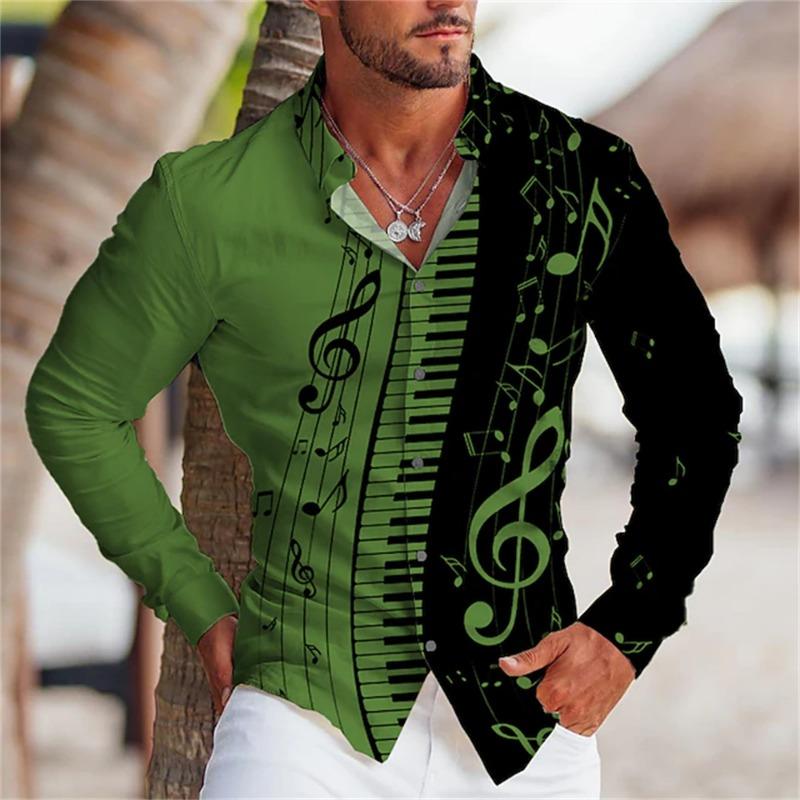 2026 Sommer Herren Langarmhemd mit Musikinstrumenten-Symbolmuster Aufgedruckter Kragen, Strickjacke, Street Casual Hemd S