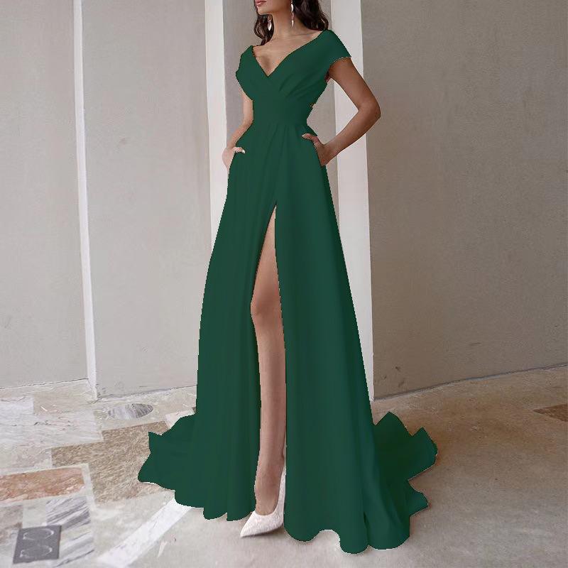 

Весна 2024 г. Белое пригородное платье с V-образным вырезом и оборками, средней посадкой, с длинной юбкой XL темно-зеленого