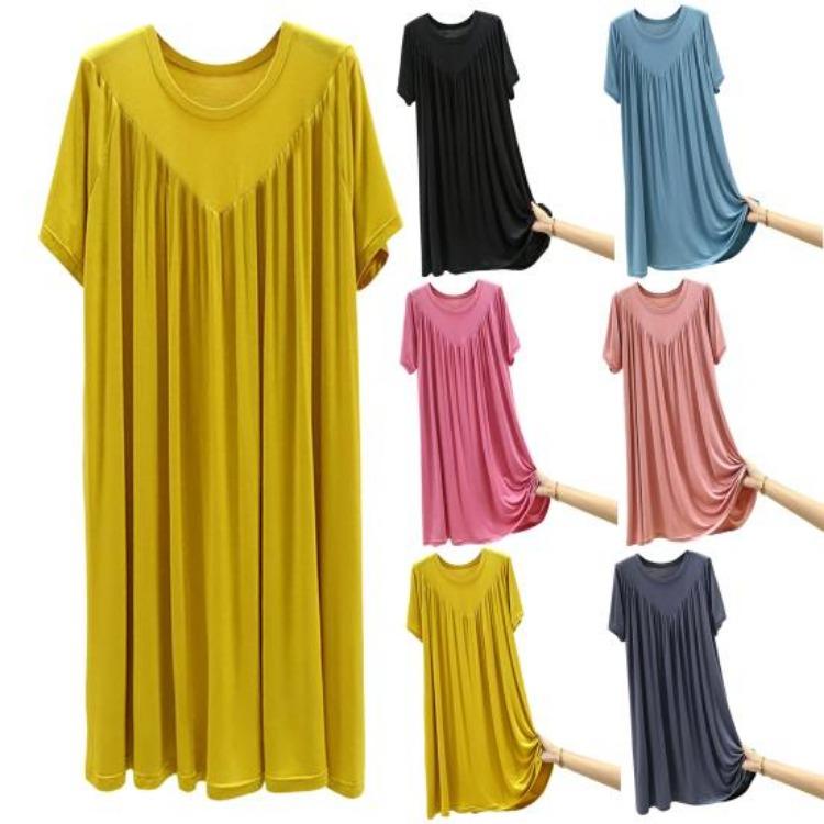 Summer Casual Dress Women Loose Knee Length Pullover Thin Midi Dress Short Sleeves Solid Color Pleated O Neck Daily Wear