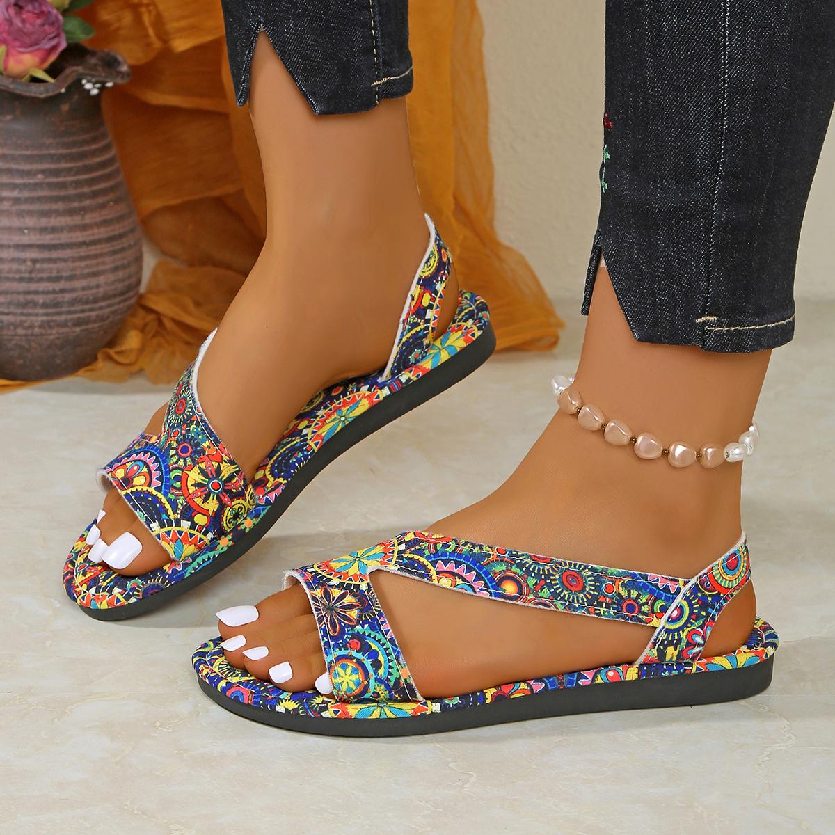 

Fashion Women Sandals Summer New Flat Roman Style Women Shoes Large Size Ethnic Style Slip-On Sandals Comfortable Lightweight Shoes 36