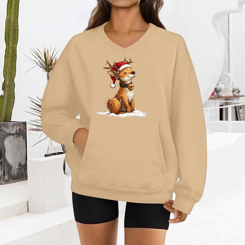 Women's Fashionable Christmas Print Long-sleeved V-neck Sweatshirt