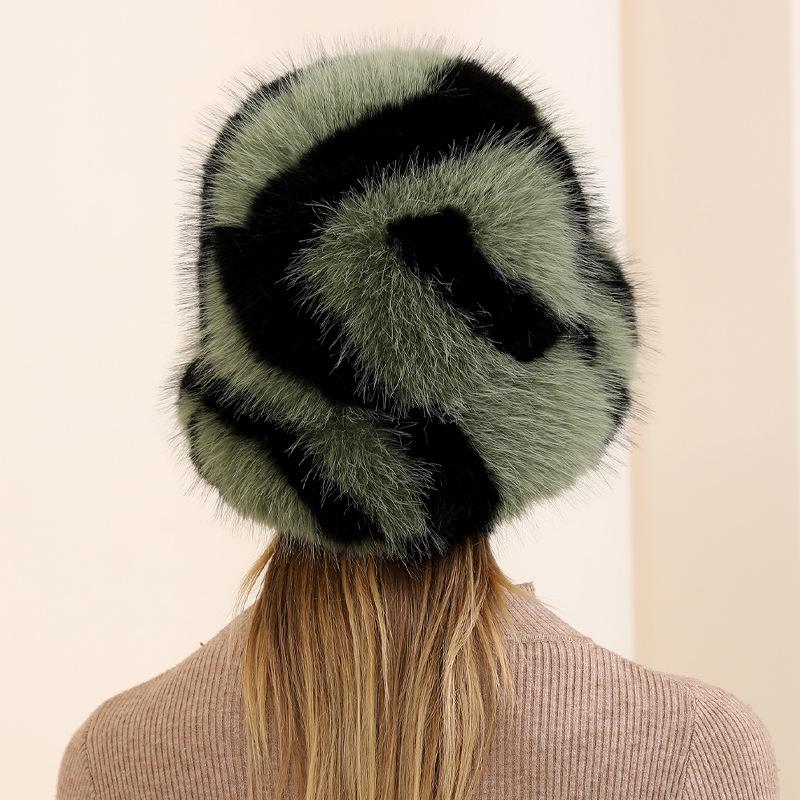 Imitation Mink Hat Female Zebra Pattern Bucket Hat Winter Warm Plush Washbasin Hat