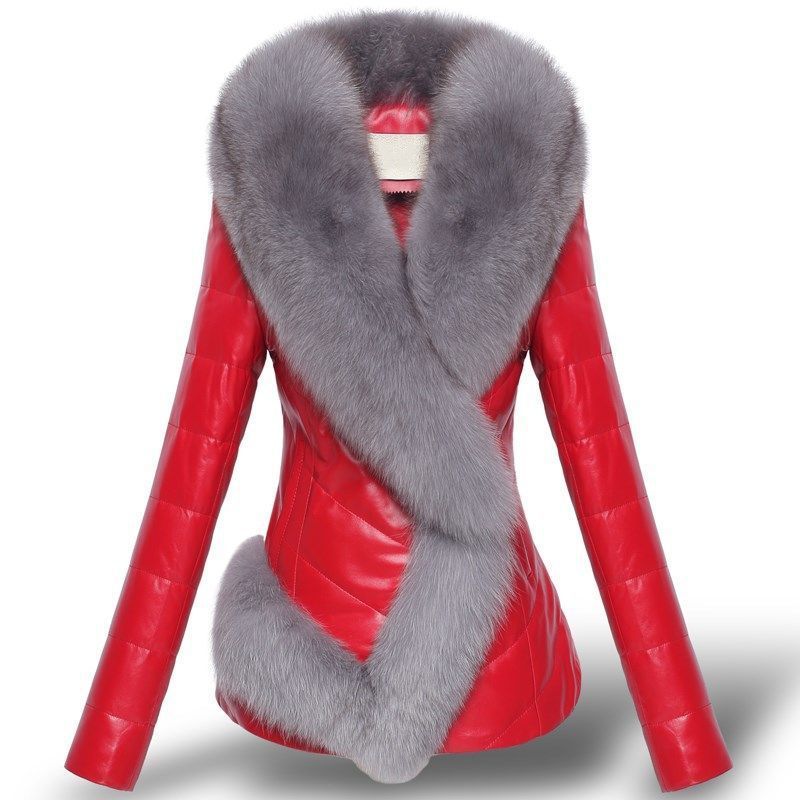 Winter new leather jacket women's thickened warm cotton clothes imitation fox fur collar short slim and thin PU leather jacket
