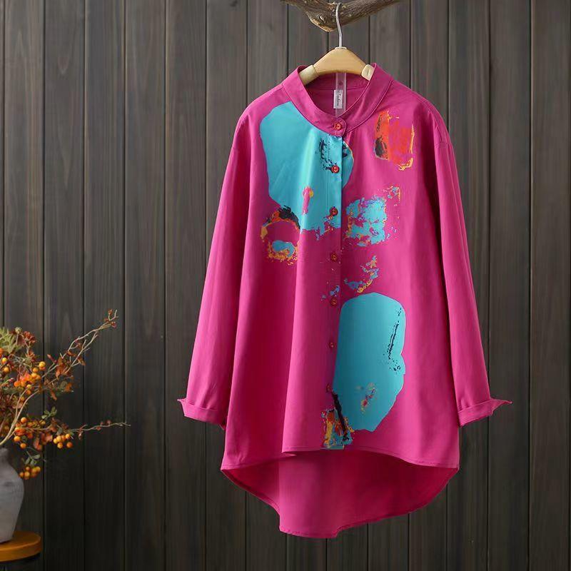 

Весна Осень Новая Рубашка с отложным воротником и длинным рукавом Модная с принтом Женская Хлопок Лен Свободная Повседневная Средней длины Универсальный Топ XXXL розы красного