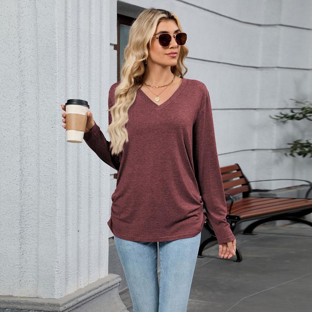 T Shirts For Women Pleated V-Neck Dressy Casual Blouses Printing Short Sleeve Summer Tops Loose Fit