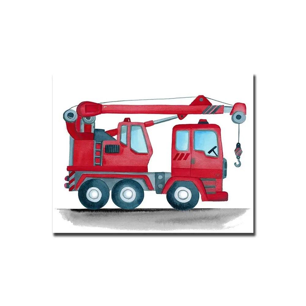 Kreslená konstrukce Hasičské auto Mateřská školka Obraz Obraz na plátně Barva Bagr Nástěnný umělecký obraz Dětská ložnice Domácí dekorace