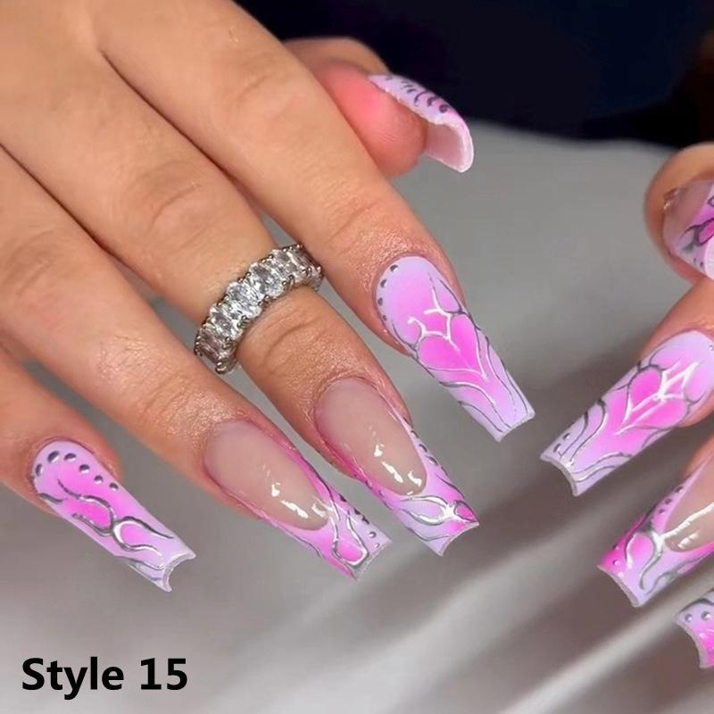 24Pcs/Box Long Coffin False Nails Wearable Fake Nails with Glitter Rhinestones Ballet Press On Nails Full Cover Nail Tips