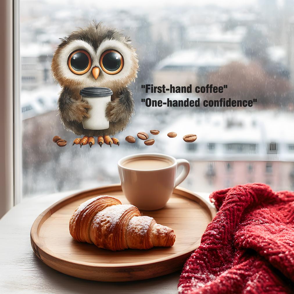 Cartoon Owl Drinking Coffee with Motivational Quote Cafe Wall Sticker Self-Adhesive Removable Decal