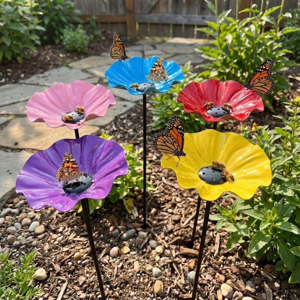 Handcrafted Garden Metal Flower Stake Sturdy Iron Bird Water Feeder Backyard