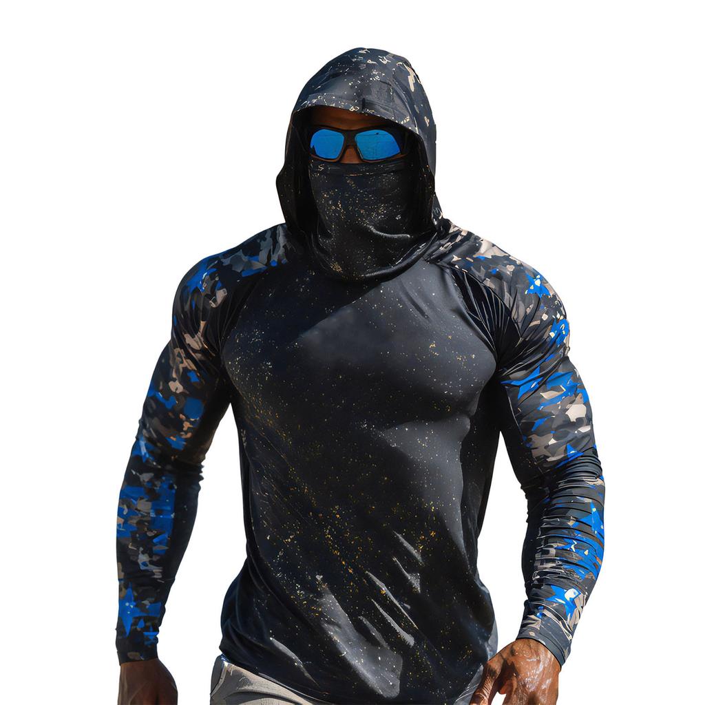 Men’s Long Sleeve Hooded Shirt with Face Covering Lightweight Stretch Fabric Pullover for Outdoor Activities UV Protection