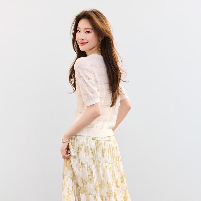 Srcr Women's Silk Blend Hollow-Out Knit Short Sleeve Top