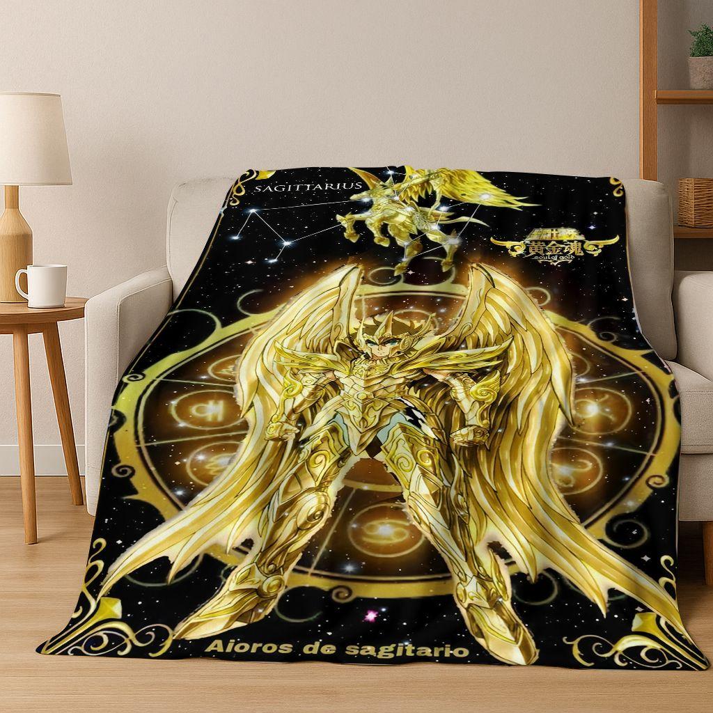 Retro Anime Saint Seiya Gold Saint Cartoon Flannel Blanket,Cozy Soft Throw Blanket for Home Bedroom Bed Sofa Picnic Cover Kids
