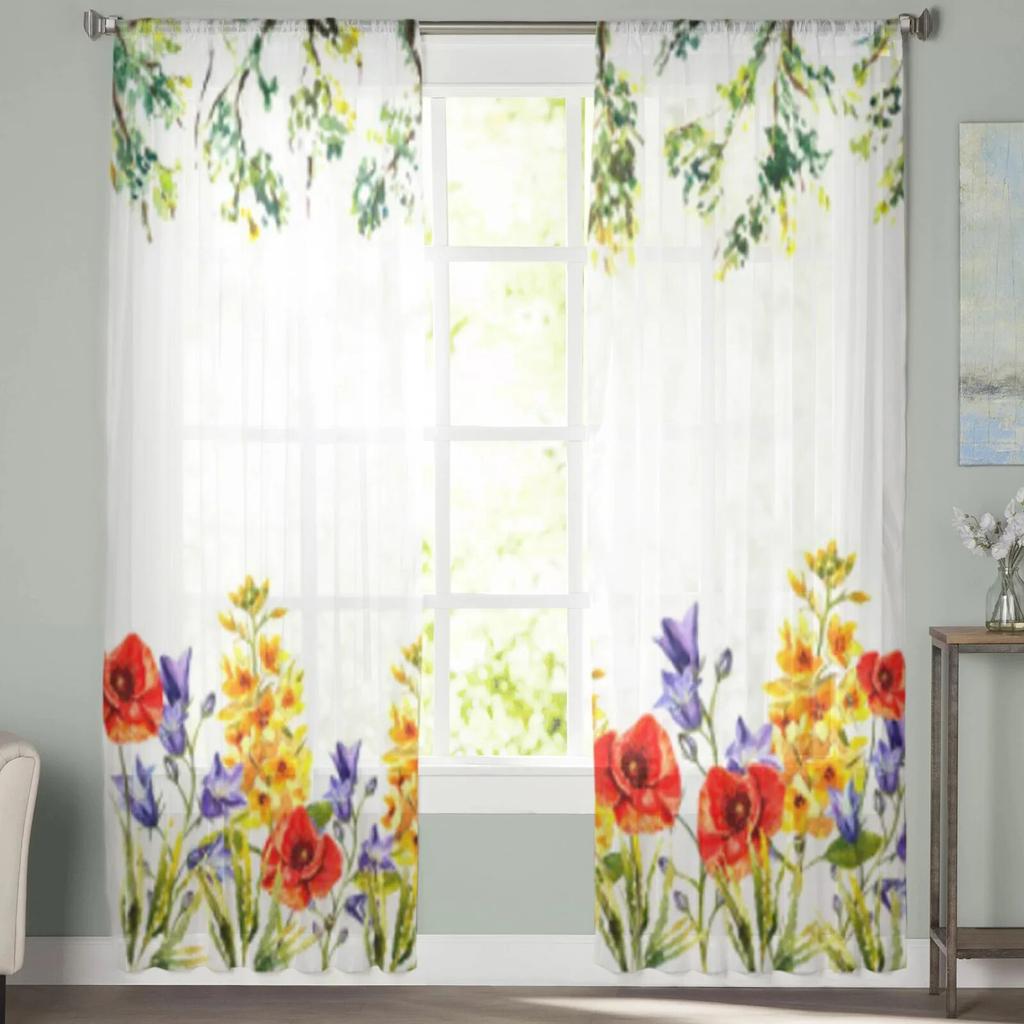 Akvarell virágok és ágak Tüll függönyök nappali dekorációhoz Modern fátyol sifon függönyök hálószoba áttetsző voile