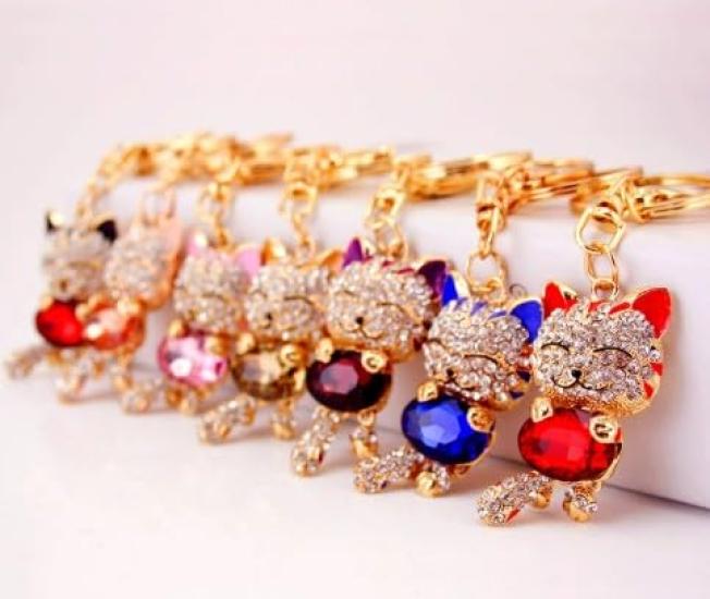 [BERUKO] Soothing, Smiling, Cute Cat, Happy Kitty, Sparkling Stone Keychain (Pink)