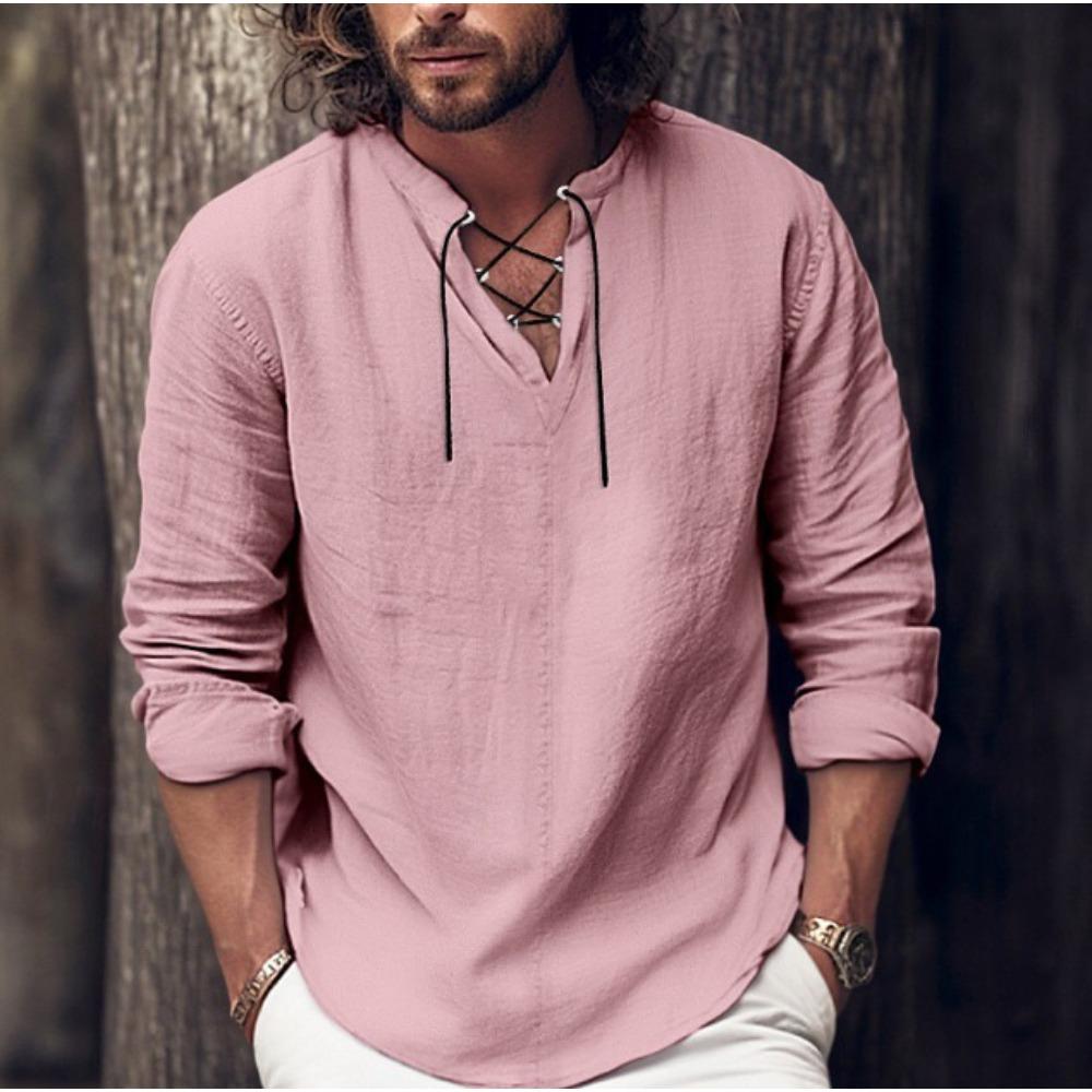 Camicia da uomo Camicia in lino Camicia estiva Abbigliamento da spiaggia Manica lunga Liscia Scollo a V Primavera-Estate Casual Usura quotidiana