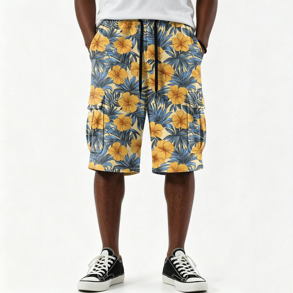 Men's Hawaiian Print Drawstring Knee Length Shorts with Multiple Pockets, Casual